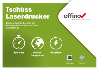 Motiv für eine Kampagne für die nachhaltige Business Ink Technology mit der Beschriftung "Tschüss Laserdrucker"