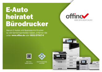 Motiv für eine Kampagne für die nachhaltige Business Ink Technology mit der Beschriftung "E-Auto heiratt Bürodrucker"