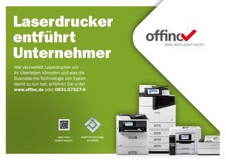 Motiv für eine Kampagne für die nachhaltige Business Ink Technology mit der Beschriftung "Laserdrucker entführt Unternehmer"